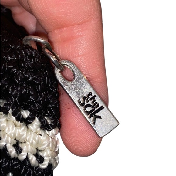 THE SAK Hobo Crochet Knit Bag Black white Striped pink flower Tassel Purse Charm - Picture 9 of 12